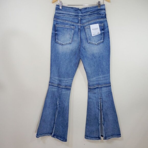 CEROS Mid Rise Super Flare JEANS Size 31 Blue Denim Back Slit NEW - Picture 7 of 12